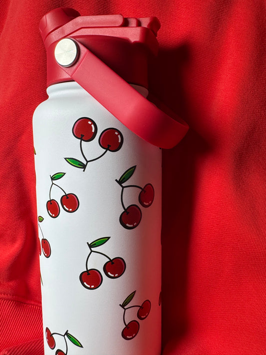 32 Oz. Insulated Water Bottle, White with Red Cherry Design with Red Lid, 2-way Lid for Drinking, Stainless Steel, Keeps beverage Colder for a long Period of Time