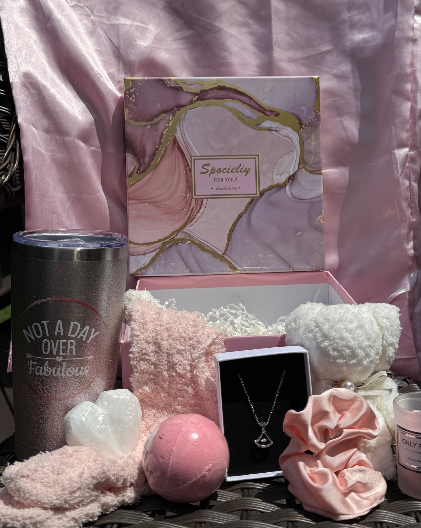 Luxury Spa Gift Box Set for Women with Bath Bomb, Tumbler, Necklace, Heart Shape Soap, Teddy Bear Wash Cloth and  Accessories