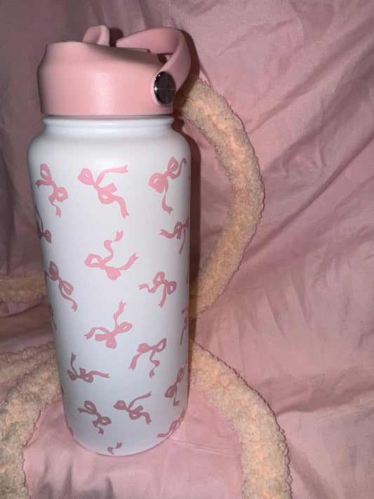 Insulated 32 Oz. White with Pink Bow Thermos with Two Different Lids