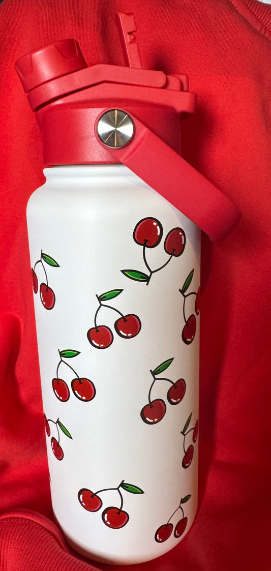 32 Oz. Insulated Water Bottle, White with Red Cherry Design with Red Lid, 2-way Lid for Drinking, Stainless Steel, Keeps beverage Colder for a long Period of Time