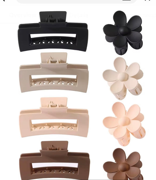 Neutral Color Large Hair Claw Clips, Set of 8 Pack, Rectangular and Flower Design